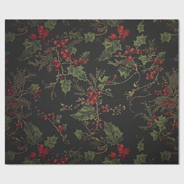 Gothic Holly Wrapping Paper |Dark Christmas Floral Geschenkpapier (Flach)