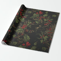 Gothic Holly Wrapping Paper |Dark Christmas Floral