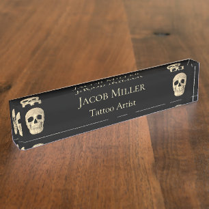 Gothic Human Skull Head Black Beige Tattoo Shop Namensplakette