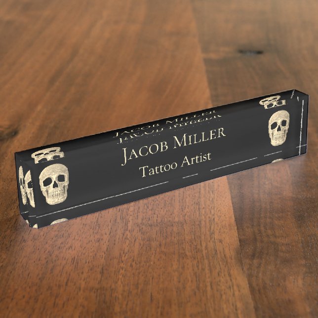 Gothic Human Skull Head Black Beige Tattoo Shop Namensplakette (Seite)