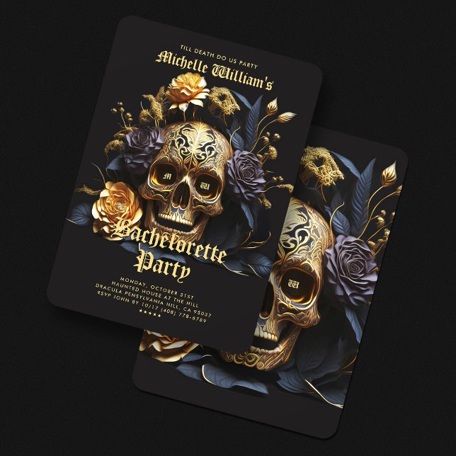 Gothic Junggeselinnen-Abschied Black Gold Skull Ro Einladung (Gothic Bachelorette Party Black Gold Skull Roses Invitation
)