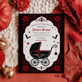 Gothic Kinderwagen Rot & Schwarz Halloween-Baby-Pa Einladung