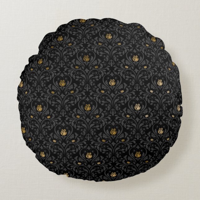 Gothic Kinderzimmer Black Rose Damask Rundes Kissen (Vorderseite)