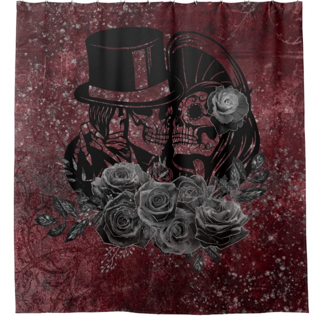 Gothic Kissing Skulls Couple und Blut rot ewigen Duschvorhang (Vorderseite)