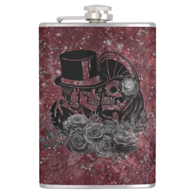 Gothic Kissing Skulls Couple und Blut rot ewigen Flachmann (Vorderseite)