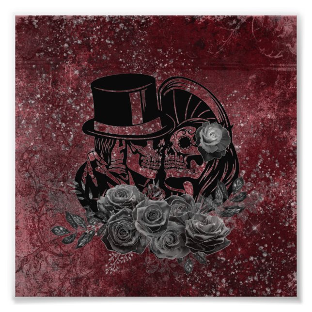 Gothic Kissing Skulls Couple und Blut rot ewigen Fotodruck (Vorne)