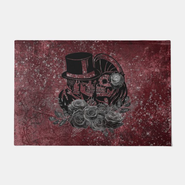 Gothic Kissing Skulls Couple und Blut rot ewigen Fußmatte (Vorderseite)