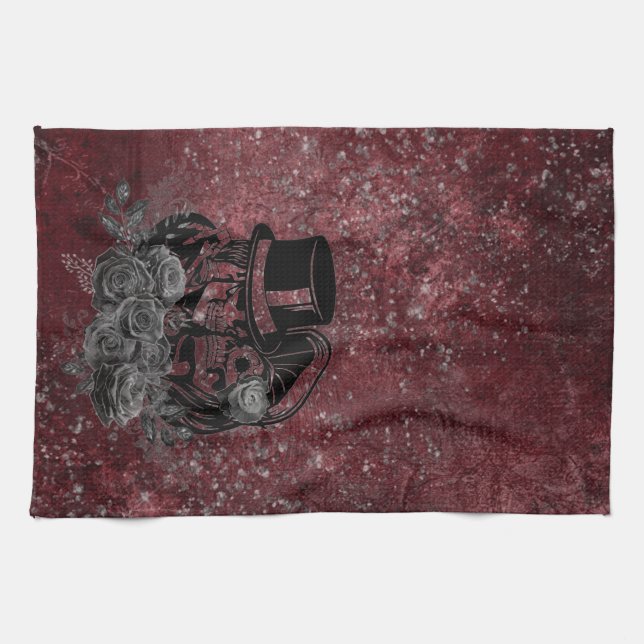 Gothic Kissing Skulls Couple und Blut rot ewigen Geschirrtuch (Horizontal)