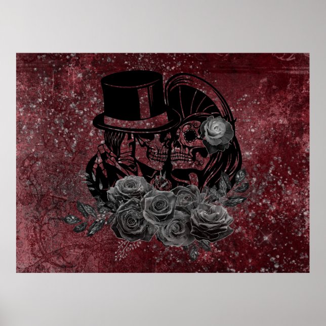 Gothic Kissing Skulls Couple und Blut rot ewigen Poster (Vorne)
