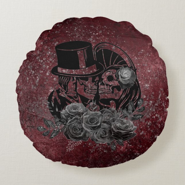Gothic Kissing Skulls Couple und Blut rot ewigen Rundes Kissen (Vorderseite)