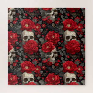 Gothic-Krähe und Totenkopf-Blumen nahtloses Muster
