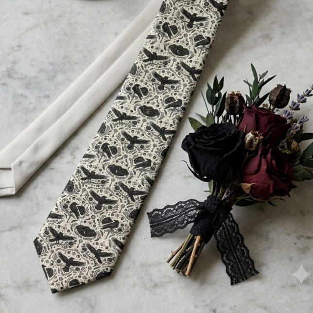 Gothic-Krähen-Druck Dark Academia Krawatte (A raven damask necktie to complete a groom's elegant gothic wedding look.)