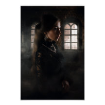 Gothic-Lace-Frau in nebliger Steinkammer