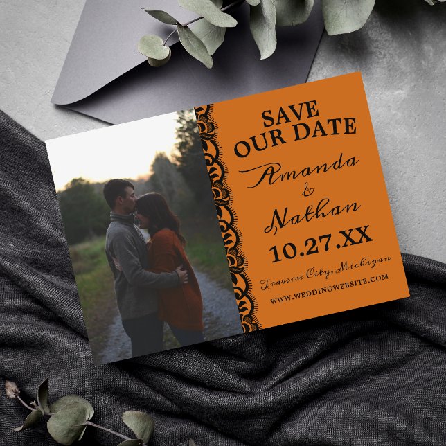 Gothic Lace Halloween Orange Black Wedding Save The Date (Von Creator hochgeladen)