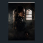 Gothic Lace Woman Misty Stone Chamber Poster<br><div class="desc">A striking woman in intricate black lace stands in profile within a misty, ruined stone chamber lit by soft diffused light through gothic arched windows. Long dark hair flows down her back while an elaborate silver-and-crimson gem necklace rests against her collarbone. Swirling fog and aged stone create layers of depth...</div>