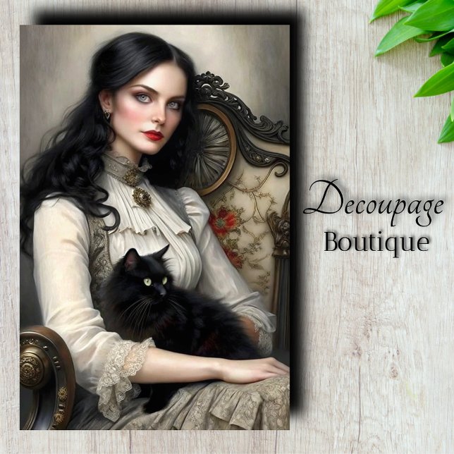 Gothic Lady Black Cat Decoupage Seidenpapier (Gothic Lady Black Car Decoupage Tissue Paper)