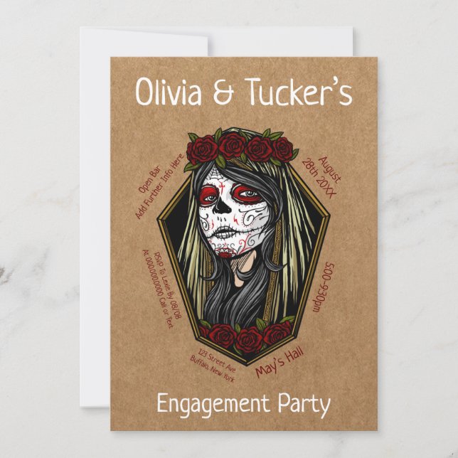 Gothic Lady Skull Coffin Dark Red Engagement Party Einladung (Vorderseite)
