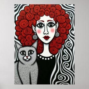 Gothic Lady und Katze Spiral Haar Rot Schwarz Weiß Poster