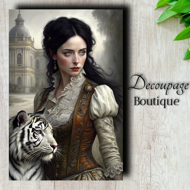 Gothic Lady White Tiger Decoupage Seidenpapier (Gothic Lady White Tiger Decoupage Tissue Paper)