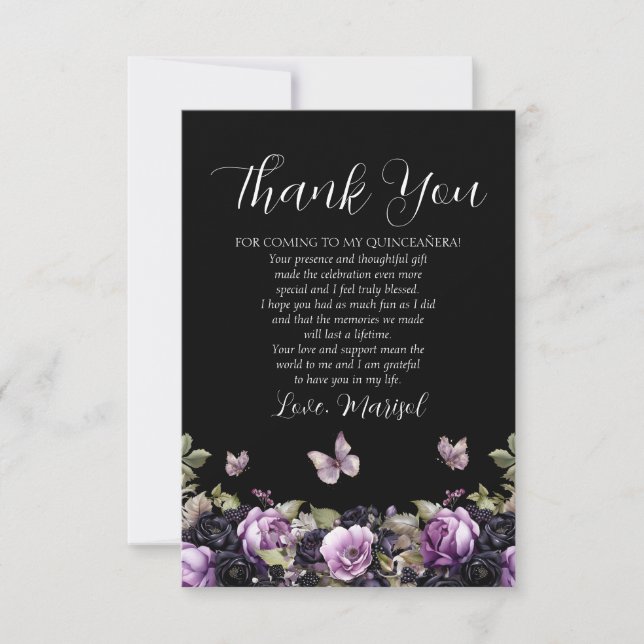 Gothic Lila & Black Moody Florals Quinceañera Dankeskarte (Vorderseite)