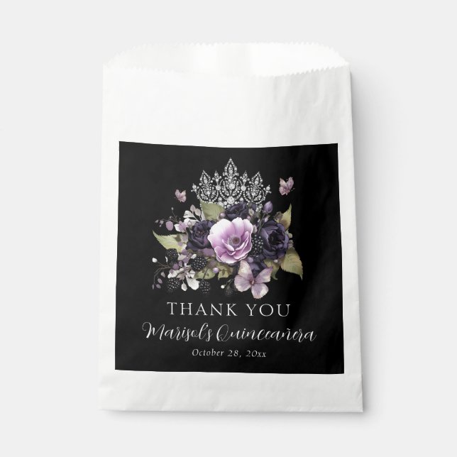 Gothic Lila & Black Moody Florals Quinceañera Geschenktütchen (Vorderseite)