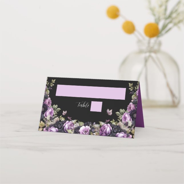 Gothic Lila & Black Moody Florals Quinceañera Platzkarte (Vorderseite)
