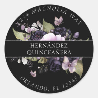 Gothic Lila & Black Moody Florals Quinceañera Runder Aufkleber
