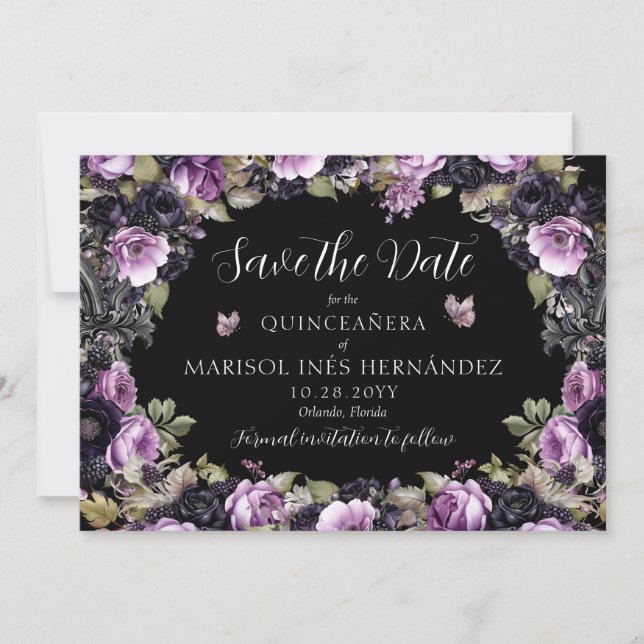 Gothic Lila & Black Moody Florals Quinceañera Save The Date (Vorderseite)