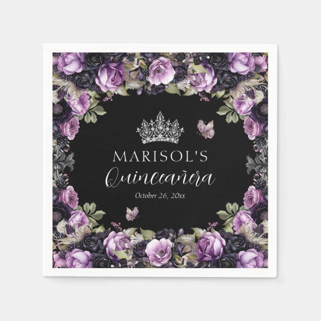 Gothic Lila & Black Moody Florals Quinceañera Serviette (Vorderseite)