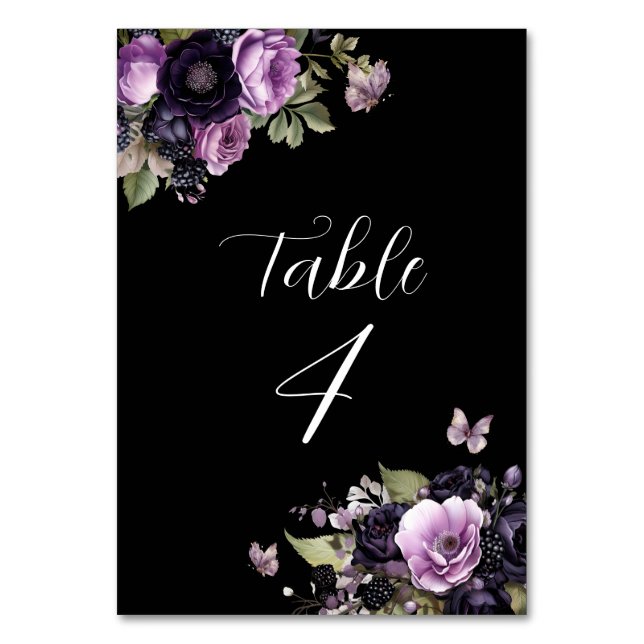 Gothic Lila & Black Moody Florals Quinceañera Tischnummer (Vorderseite)