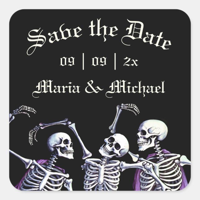 Gothic Lila Dancing Skelette Save the Date Quadratischer Aufkleber (Vorderseite)