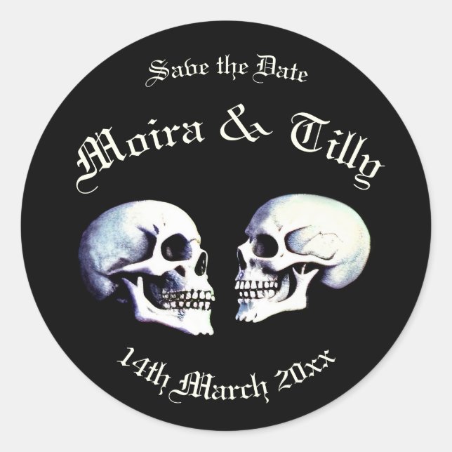 Gothic Lila Dancing Skelette Save the Date Runder Aufkleber (Vorderseite)