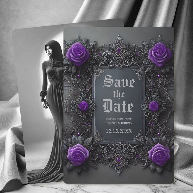 Gothic Lila Gray Floral Foto Save the Date (Gothic Purple Roses on dark gray with a Back Photo Save the Date Announcement.)