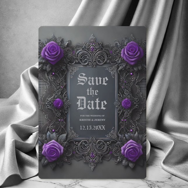 Gothic Lila Grey Floral Wedding Save the Date (Gothic Wedding Save the Date with purple roses on a dark gray background.)