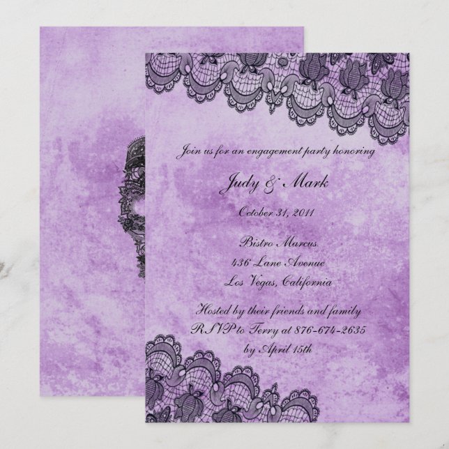 Gothic Lila Grunge Black Lace Engagement Party Einladung (Vorne/Hinten)