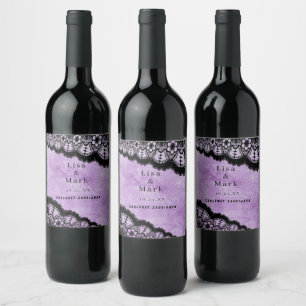 Gothic Lila Grunge Black Lace Wedding Wine Label Weinetikett