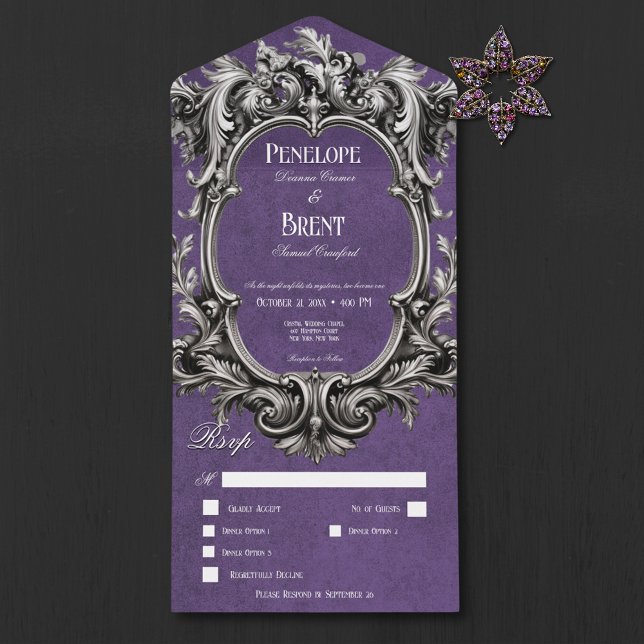 Gothic Lila Moody Viktorianisch Frame Dinner All In One Einladung (Gothic Purple Moody Victorian Frame Dinner)