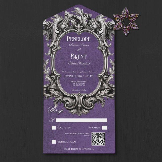 Gothic Lila Moody Viktorianisch Frame QR Code All In One Einladung (Gothic Purple Moody Victorian Frame QR Code All In One Wedding Invitation)