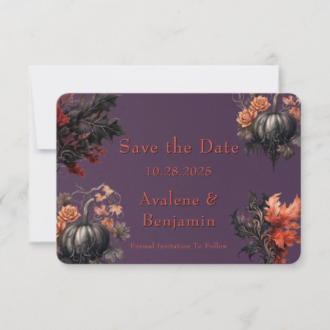 Gothic Lila Pumpkin Floral Save the Date Card Dankeskarte (Vorderseite)