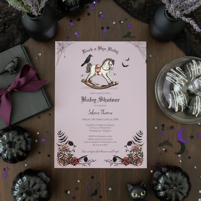 Gothic Lila Rocking Horse Rock a Bye Baby Shower Einladung (Cute Gothic Halloween Baby Shower Invitation. Rocking Horse & Roses Vintage Rock a Bye Baby Shower)