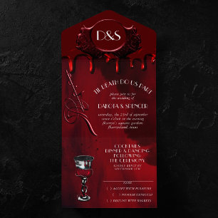 Gothic Luxe Schwarze und rote Bluttropf-Hochzeit All In One Einladung