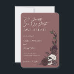 Gothic Mauve Pink Skull Til Death Save the Date<br><div class="desc">This elegant Gothic Mauve Pink Skull Til Death Save the Date features dramatic dark floral corner designs with hand-drawn skull and rose details in deep burgundy and antique mauve tones, against a mauve pink background, creating a refined dark romance aesthetic. At the top, the editable “’Til Death Do Us Part”...</div>