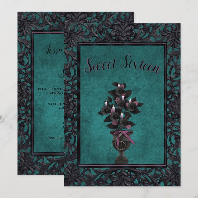 Gothic Metal Frame Black Rose & Candles Sweet 16 Einladung (Vorne/Hinten)