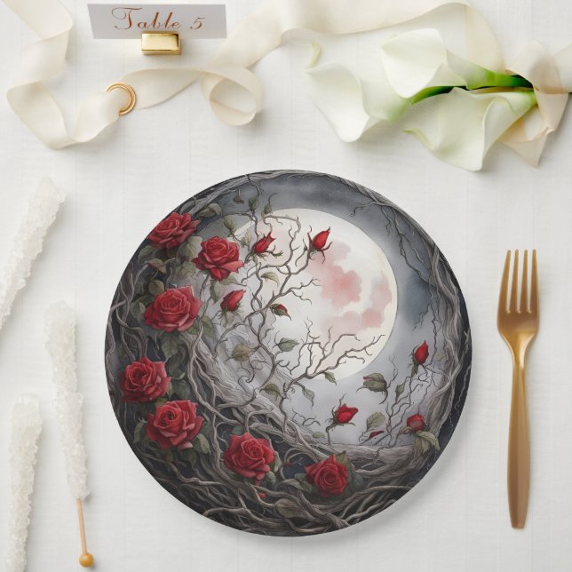 Gothic Mond & Rote Rose Pappteller (Hochzeit)