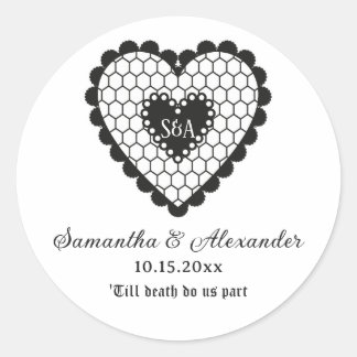 Gothic Monogram Schwarze Spitze Herz Hochzeitsempf Runder Aufkleber