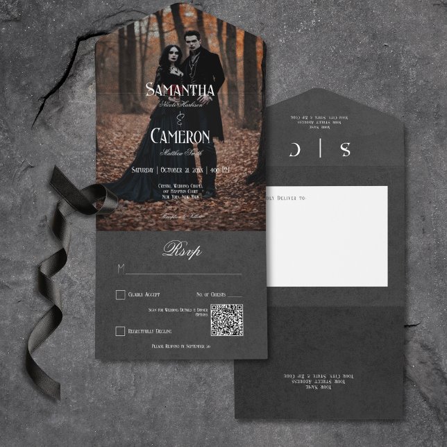 Gothic Moody Black Elegant Foto QR Code All In One Einladung (Gothic Moody Black Elegant Photo All In One Invitation with QR Code)