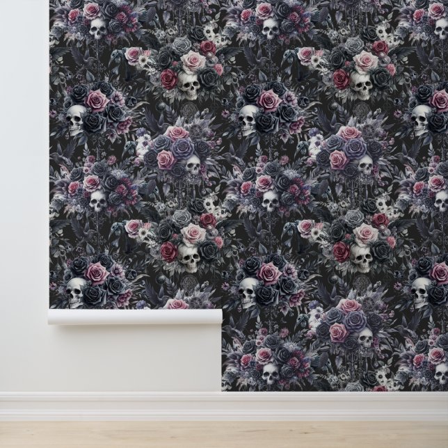 Gothic Moody Blume Skulls und Crows Tapete (Anwendung)