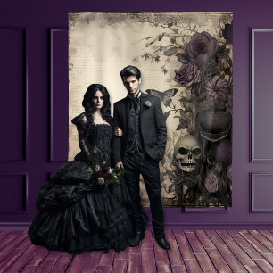 Gothic Moody Lila & Black Skull & Moth Wandteppich
