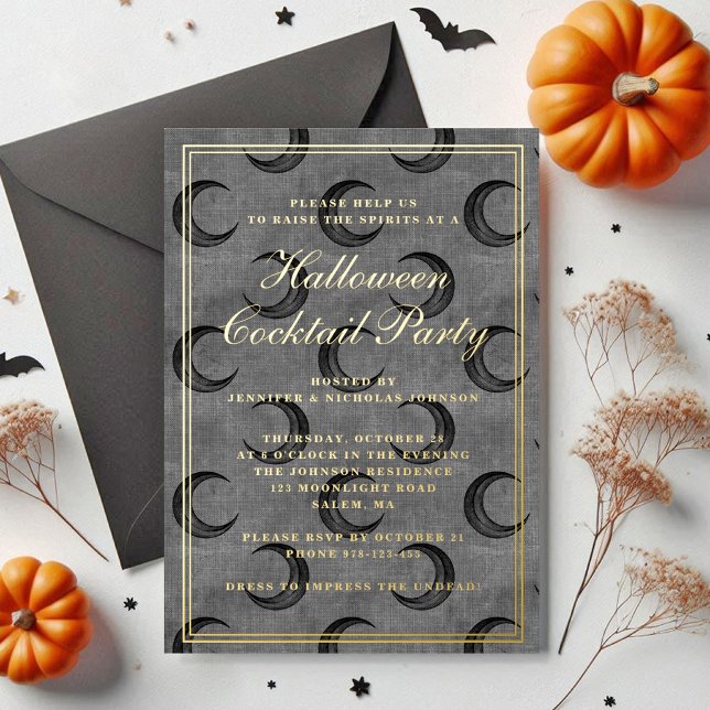 Gothic Moon Halloween Cocktail Party Gold Folieneinladung (Gothic Moon Halloween Cocktail Party Gold Foil Invitation)