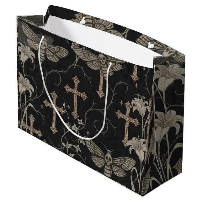 Gothic Moth & Cross Damask Gift Bag Große Geschenktüte (Rückseite Schrägansicht)